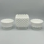 Vtg FENTON HOBNAIL MILK GLASS SQUARE FOOTED PLANTER 2 Footed Candlestick Holder