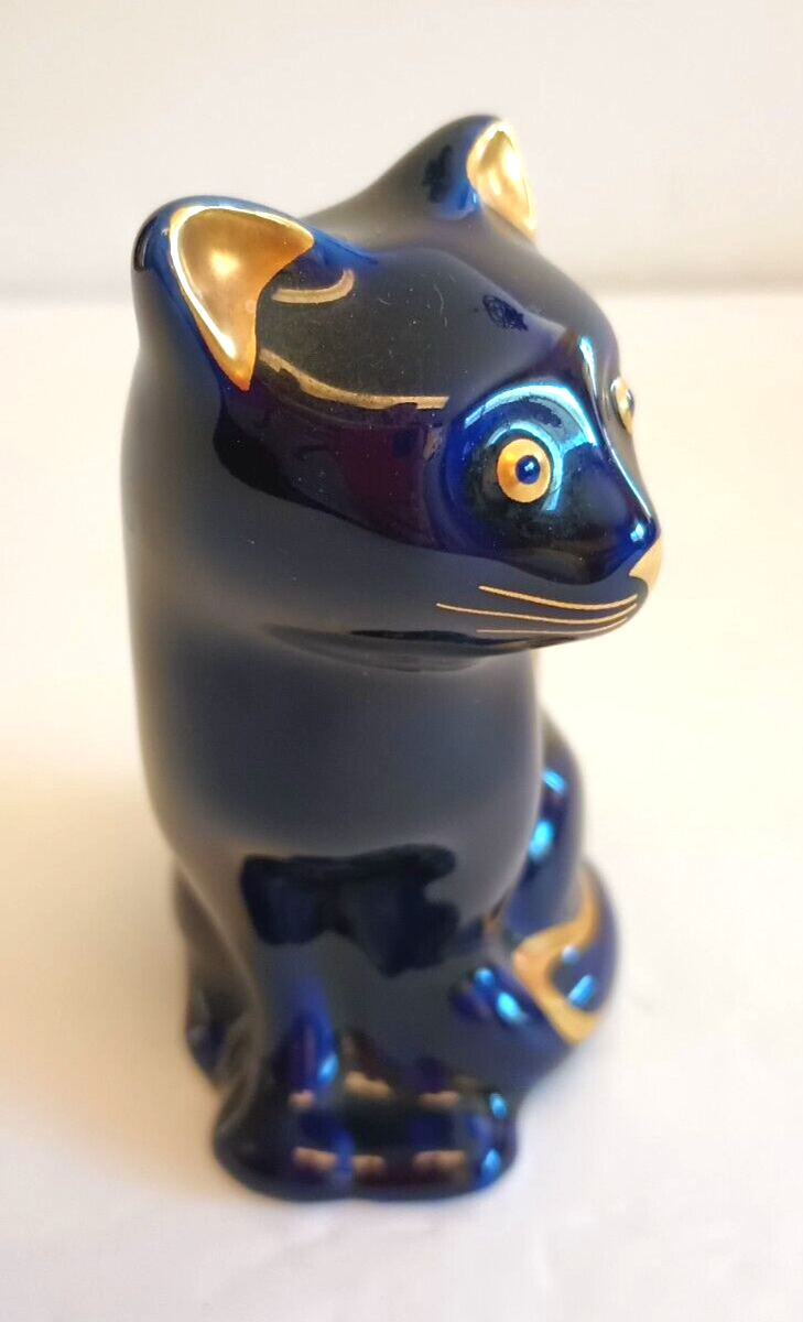Limoges Castel France Cobalt Blue Porcelain Cat Kitten 3.75