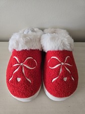 AMERICAN EAGLE RED BOW SCUFF SLIPPERS Faux Fur Christmas Holiday SIZE 11