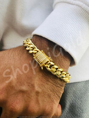 Mens Thick Miami Cuban Link Solid Real Bracelet Gold Fill Heavy 10mm 12mm 8.5''