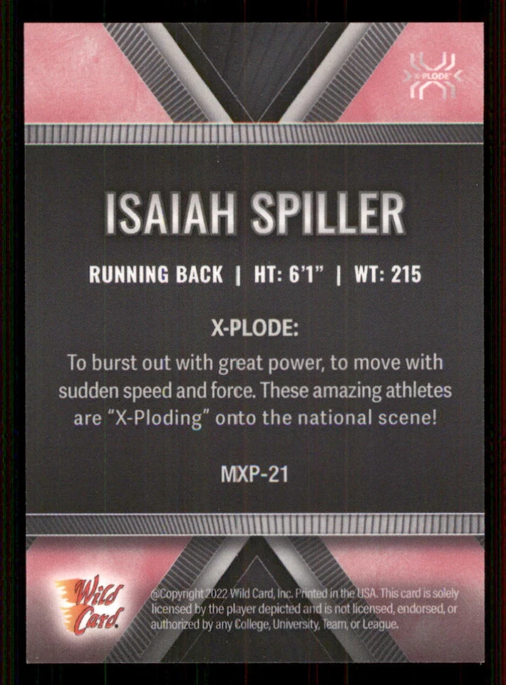 2022 Wild Card Matte Black X-Plode Pink #MXP21 Isaiah Spiller /125 - Image 2 of 2