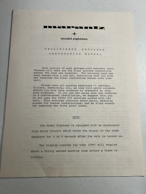 Marantz Model Eighteen 18 Receiver Preliminary Abridged Instruction Manual