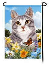 Summer Flowers Garden Flag - Blue and White Tuxedo Cat
