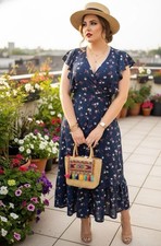 Women's Navy Floral Fit  Flare Dress Ruffle Sleeve V-Neck Midi