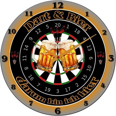Wanduhr ''  Dart & Bier darum bin ich hier '' verschiedene  Größen
