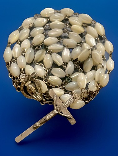 Vintage Catholic Genuine Mother Of Pearl MOP Rosary Silver Tone Crucifix
