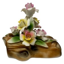 Vintage 70s Nuova Capodimonte Italy Porcelain Hand Formed Roses On Log Italy 6"