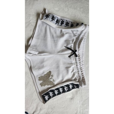 Y2K Kappa Womens White Athletic Shorts Rhinestone Butterfly Logo Tape Large