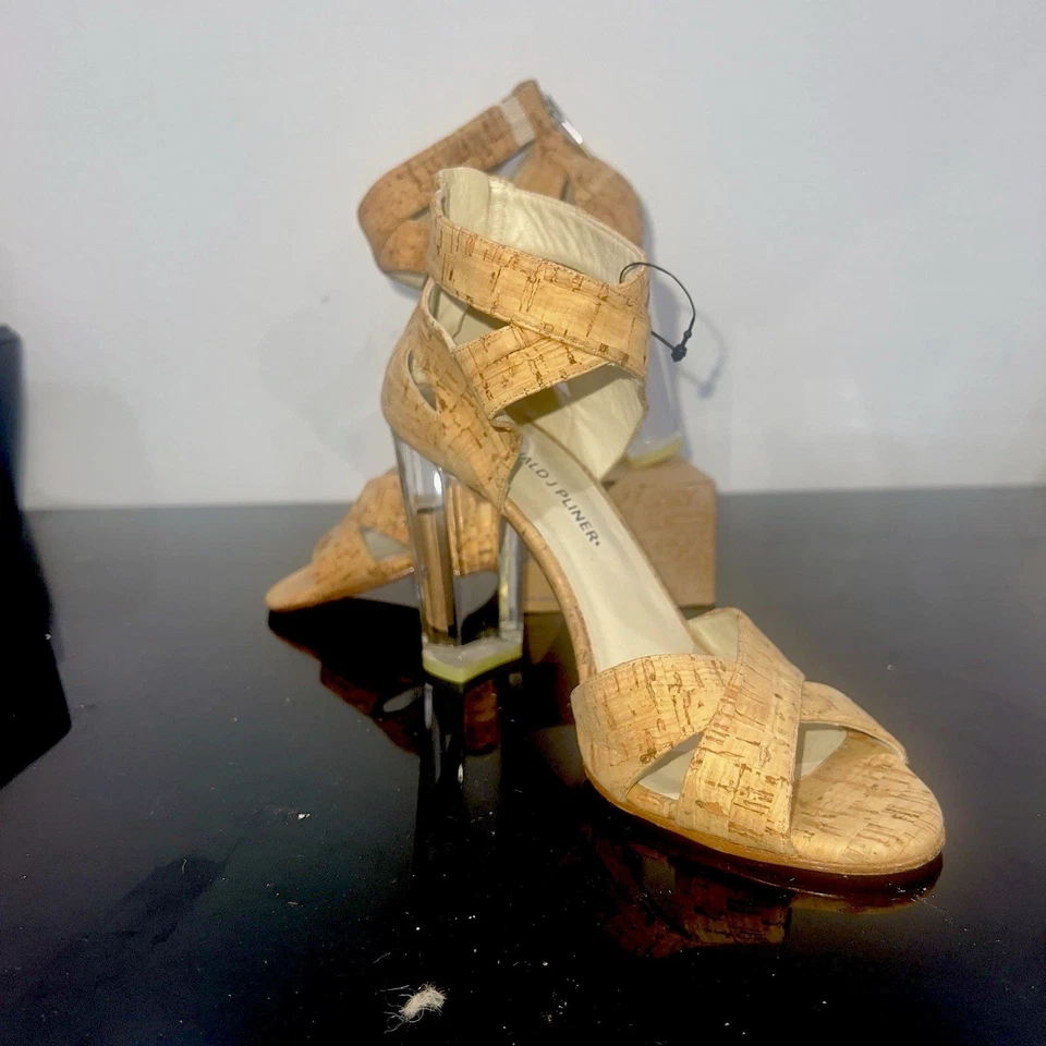 Donald J Pliner Mujer Manda Corcho Natural Transparente Lucite Sandalia Zapatos de salón Talla 8 Foto 4 de 4
