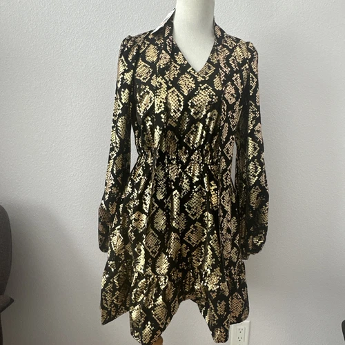 Abito camicia midi manica lunga Michael Michael Kors nero oro taglia S nuovo con etichetta $155