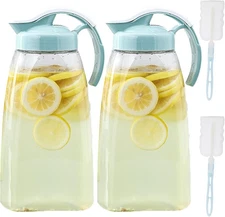 Frcctre 2 Pack Plastic Water Pitcher with Lid, 74 Oz Clear Airtight Blue 