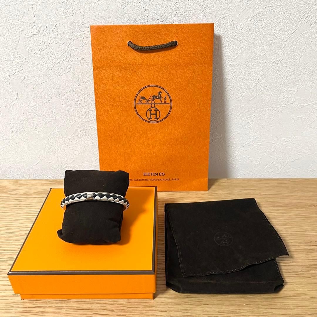 Hermes Kyoto Tresse Bangle Black White Pre owned 4.9 in Wrist Size thumbnail 18