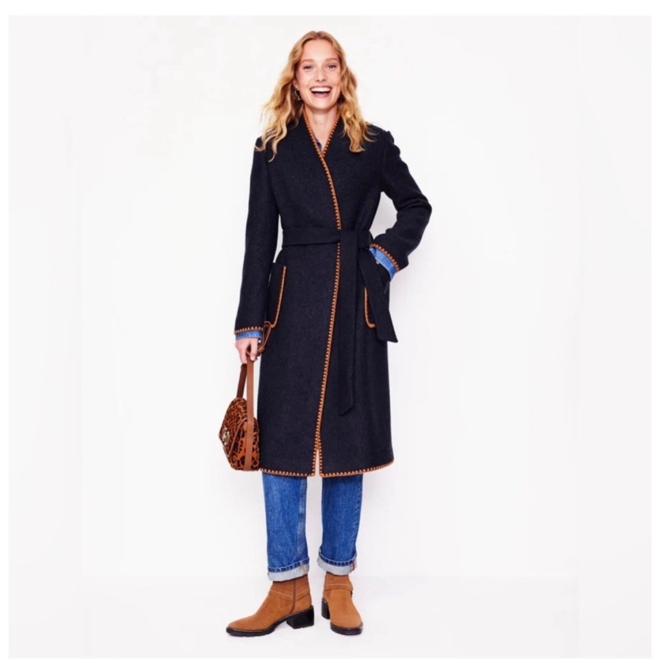 BODEN Blanket Stitch Wrap Coat Navy Blue Wool Blend Size Medium NWT