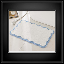 Soft Microfiber Bath Rug - White with Blue Scalloped Trim, Anti-Slip, Absorbent,