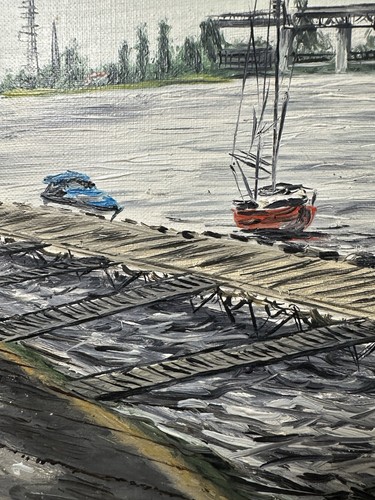 Grande huile sur toile signée : voiliers amarrés au ponton Ecole Française XIXe - Photo 4/15