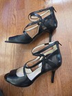 Nine West Size 9 Black Leather Peep Toe Crosscross Straps Heels Pumps Mesh Zip — photo 7