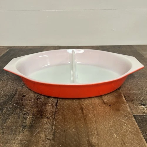Vintage Pyrex Red Friendship 1 Quart Divided Casserole Dish #8 No Lid
