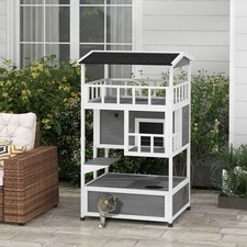 Wooden Cat House Outdoor Condo with Escape Doors Jumping Platform Asphalt Roof