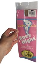 VTG Queen Size Knee Highs Stockings 3 Pairs Reinforced Toe Nylons NOS Sealed