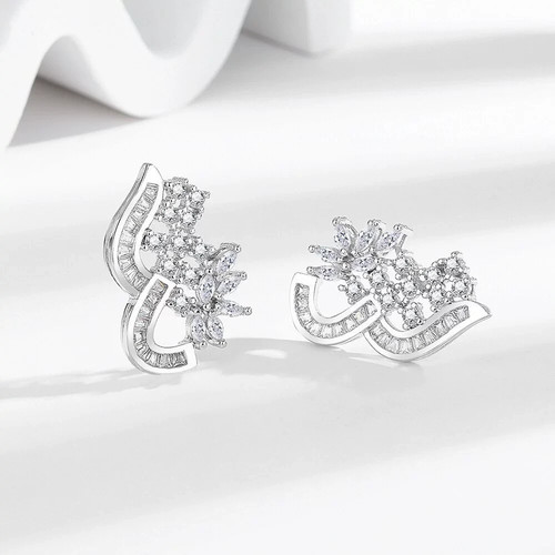 Irregular Curved Intertwined Flower Paved Clear CZ Stud Earrings For Women, Copp