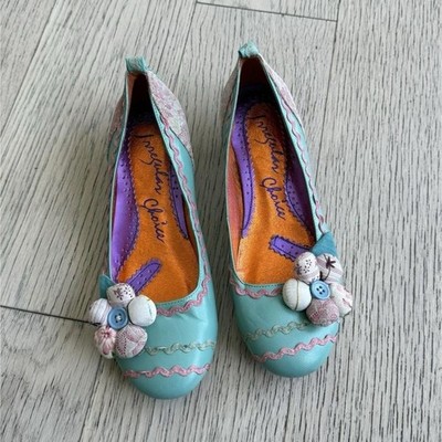 Rare Irregular Choice Turquoise Pink Floral Button Whimsy Kitten Heel Flats US 7