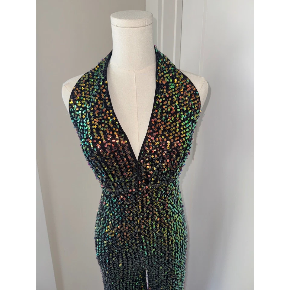 Mono para mujer con cuello halter de lentejuelas brillantes negro iridiscente noche formal Foto 4 de 4
