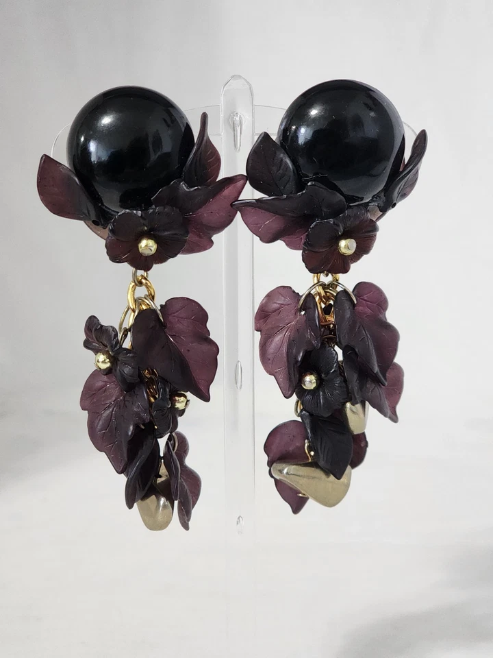 Colleen Toland Purple/ Black Flower Leaf Earrings Bead Dangle Clip OnUnsigned - Image 3 of 4