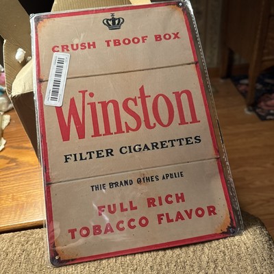 Crush Proof Box “Winston Filter cigarettes” Full Tobacco Flavor Metal Tin  8”x12”