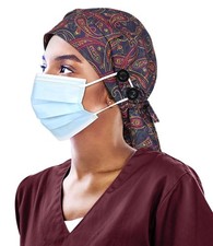 Satin Lined Work Scrub Cap with Button for Long Hair Women Adjustable