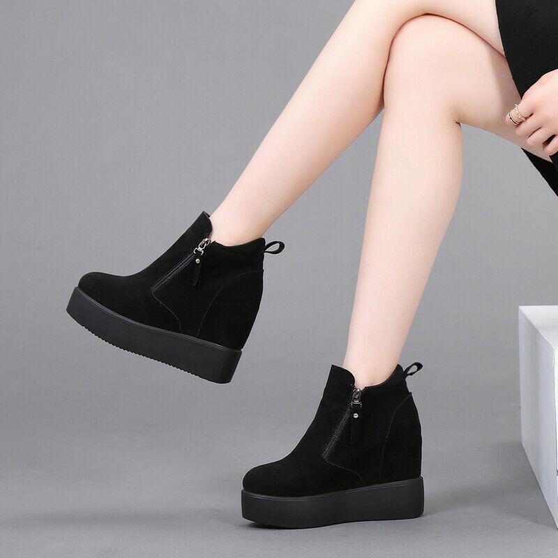 Women's Platform Ankle Boots Winter High Hidden Wedge Heel Zip Up Shoes  Creeper