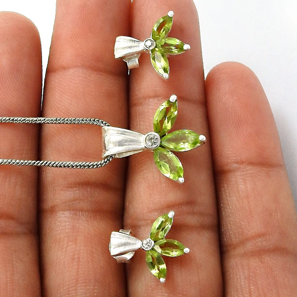 Pretty Jewelry Set 925 Sterling Silver Natural Peridot Gemstone Earrings Pendant - Image 2 of 4