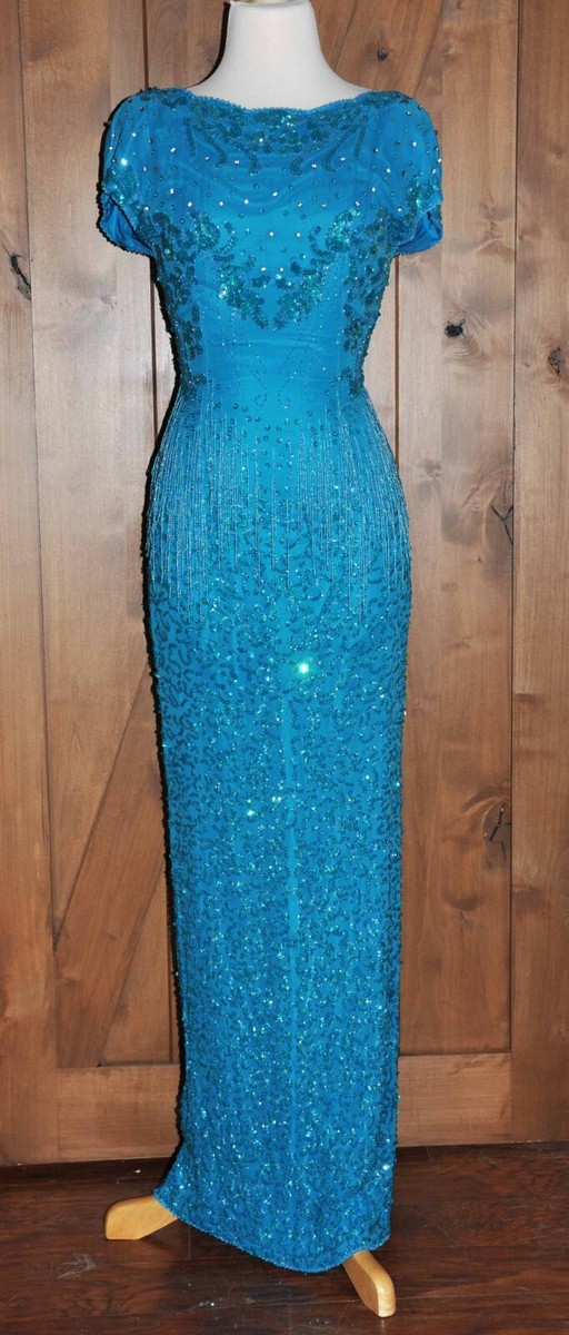 Vintage Nadine Turquoise Beaded Sequin Sexy Silk Gatsby Flapper