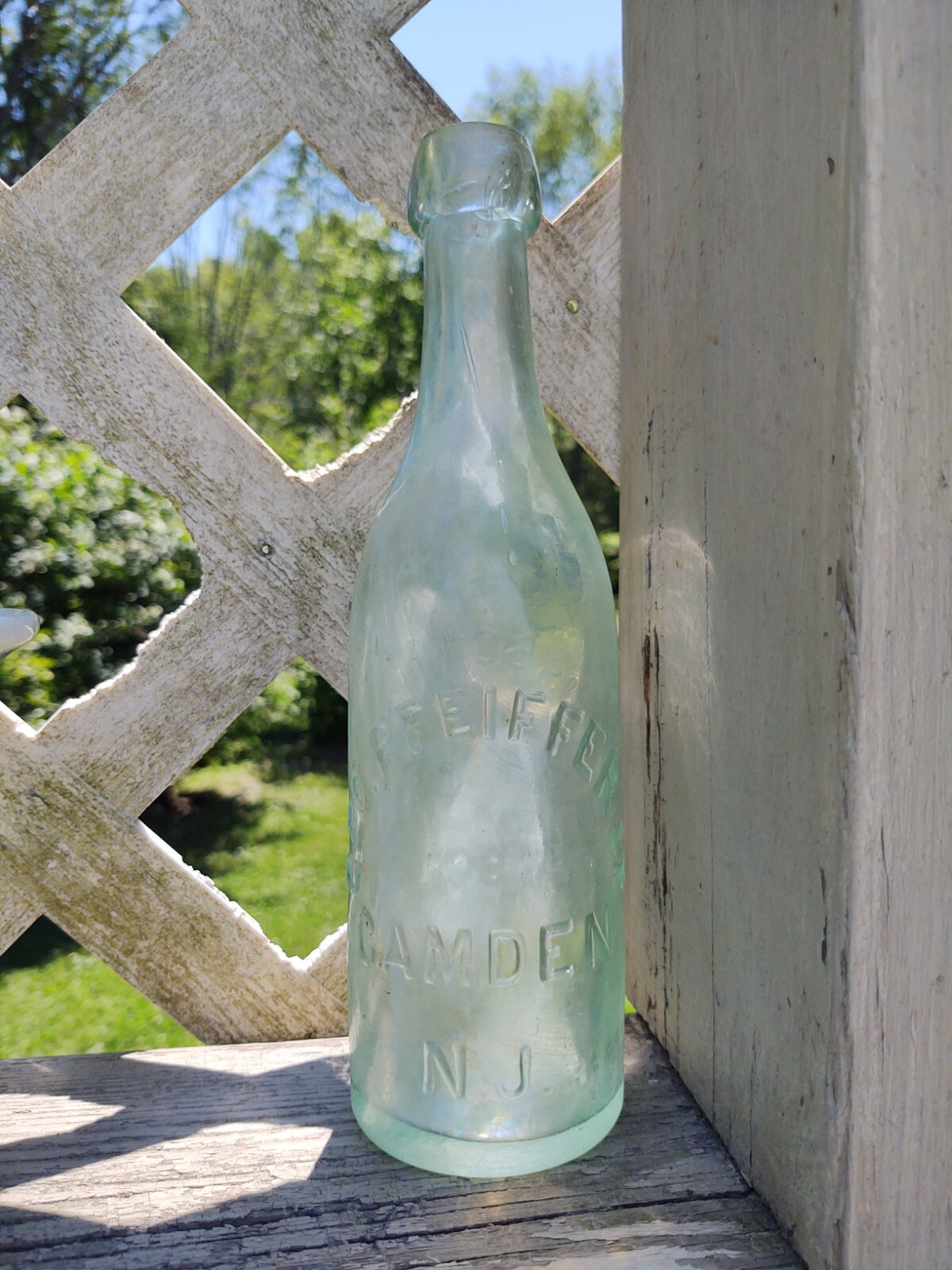 Vintage GEO PFEIFFER Blobtop Bottle, Aqua, Embrossed Camden, NJ