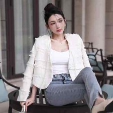 Cappotto Donna Giacca Corto Blazer Bianco Perle Tweed Bottoni Slim 83727