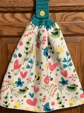 Double hanging kitchen towel spring flowers birds crocheted teal top
