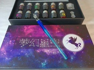 Dream Starry Night 15 Piece Blown Glass Dip Pen Set w/ 12 metallic inks/cup/rest