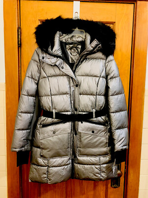 Michael Kors belted faux fur hood quilted parka jacket gun metal NWT size M
