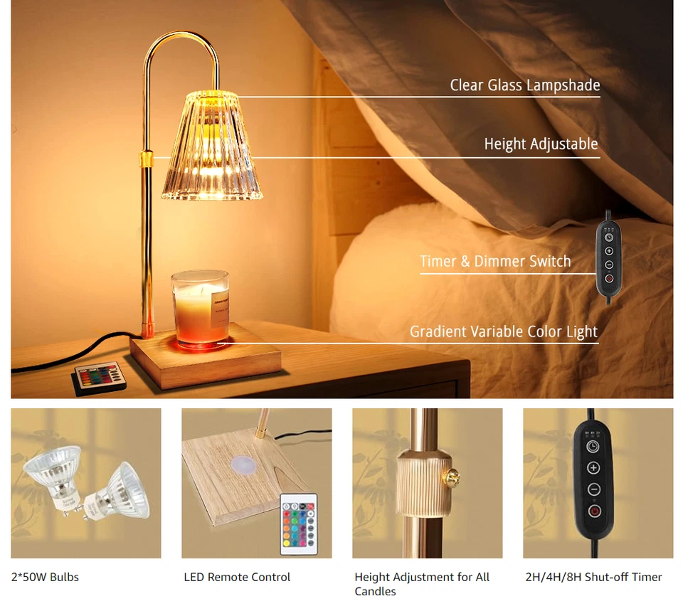 Candle Warmer Lamp, Adjustable Glass Lamp Candle Warmer with Timer Dimmable - Image 4 of 4