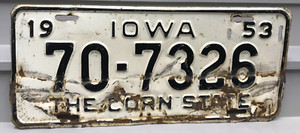 1953 Iowa Corn State License Plate 70-7326 Muscatine County