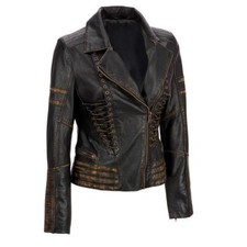 Womens Vintage Distressed Biker Leather Jacket