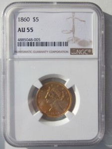 1860 LIBERTY HEAD HALF EAGLE $5 DOLLAR GOLD HIGH GRADE RARE NGC AU55 SLABBED