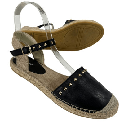 Dune London Joka Black Leather Studded Flat Espadrille Sandals Women s Size 6 (E