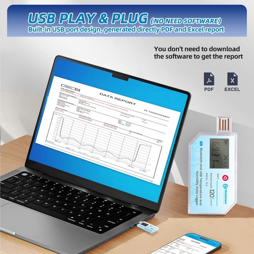 1P USB Data Logger, Temperature and Humidity w/LCD, Bluetooth & App, Single-USE - Picture 5 of 8