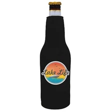 Lake Life Beer Bottle Coolie, Optional Bottle Opener, Boat, Boating, Sun, Sunset