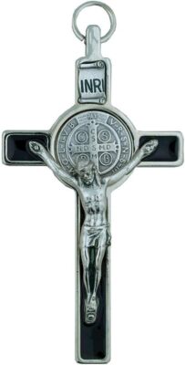 St. Benedict Crucifix with Round St. Benedict Medal Inlay with 3'' Silver-Tone