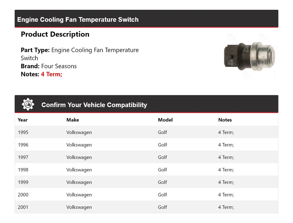 For 1995-2001 Volkswagen Golf Engine Cooling Fan Temperature Switch 4 Seasons - Image 2 of 4