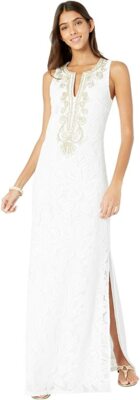 LILLY PULITZER White Gold Embroidered Side Slit Carlotta Maxi Dress 00 = XXS NWD