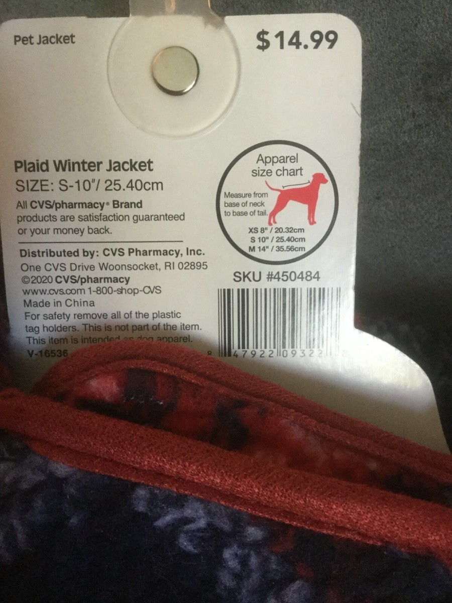 CVS CENTRAL PLAID RED BLUE PET WINTER JACKET FOR DOGS SIZE SMALL