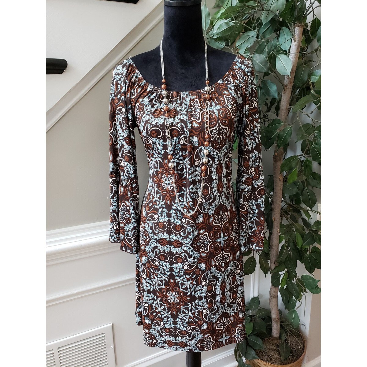 Honeyme Sheath Dress Womens Size Medium Brown & White Long Sleeve Boat Neck | eBay Honeyme Sheath Dress Womens Size Medium Brown & White Long Sleeve Boat Neck | eBay