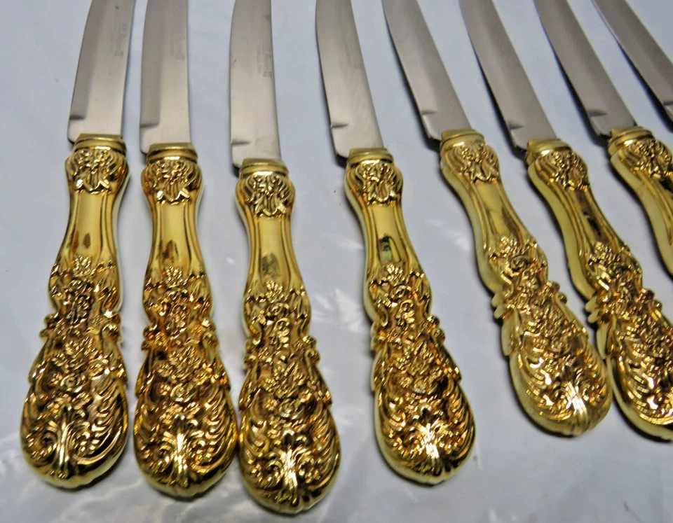 Juego de 8 cuchillos para carne F. B. Rogers adornados de acero inoxidable y plata dorada Foto 3 de 4